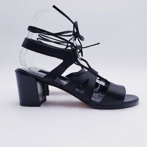 Stuart Weitzman Tiegirlbingo Lace-Up Strappy Leather‎ Block Heel Sandal Black 8
